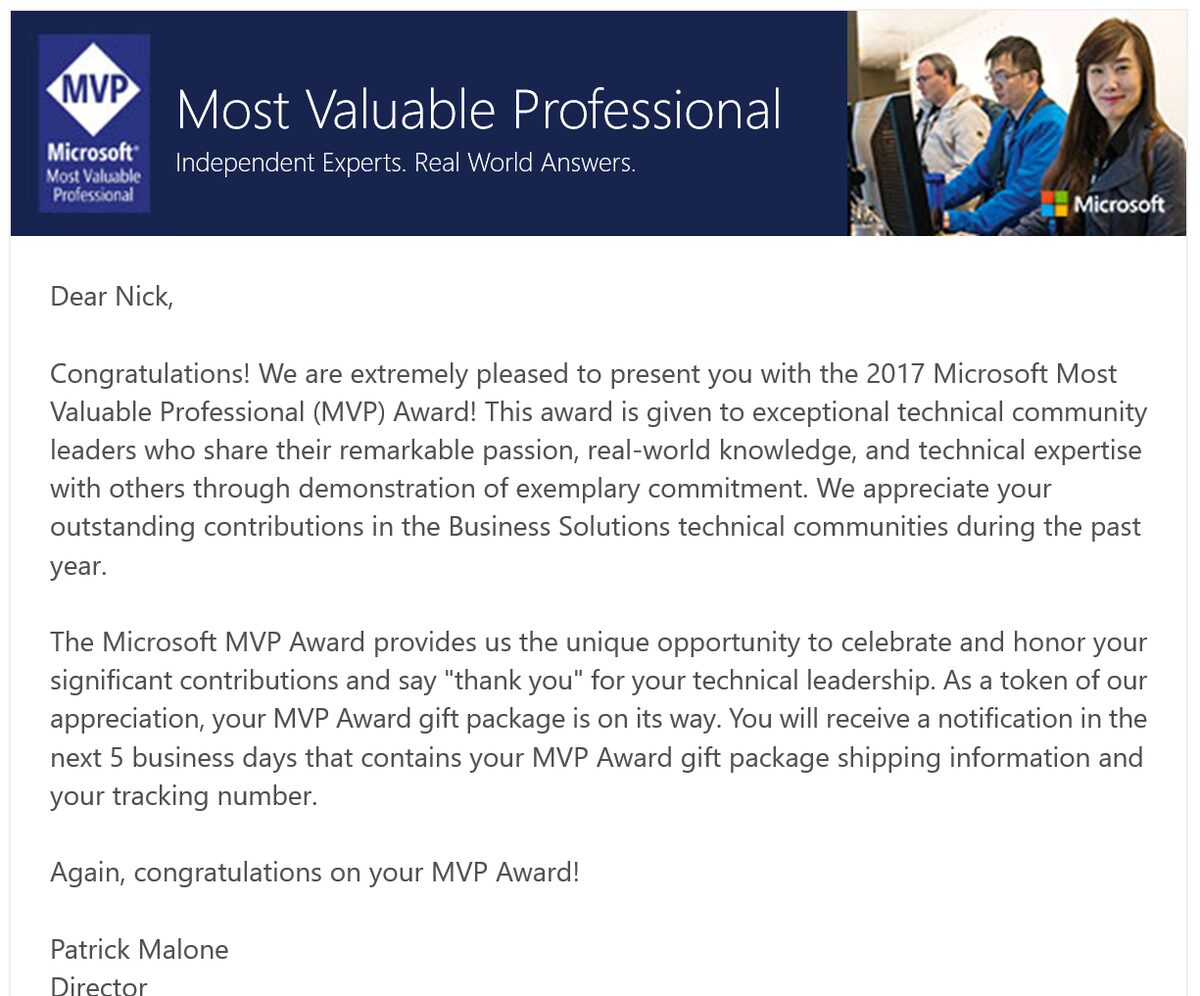 My 2017 MVP award letter