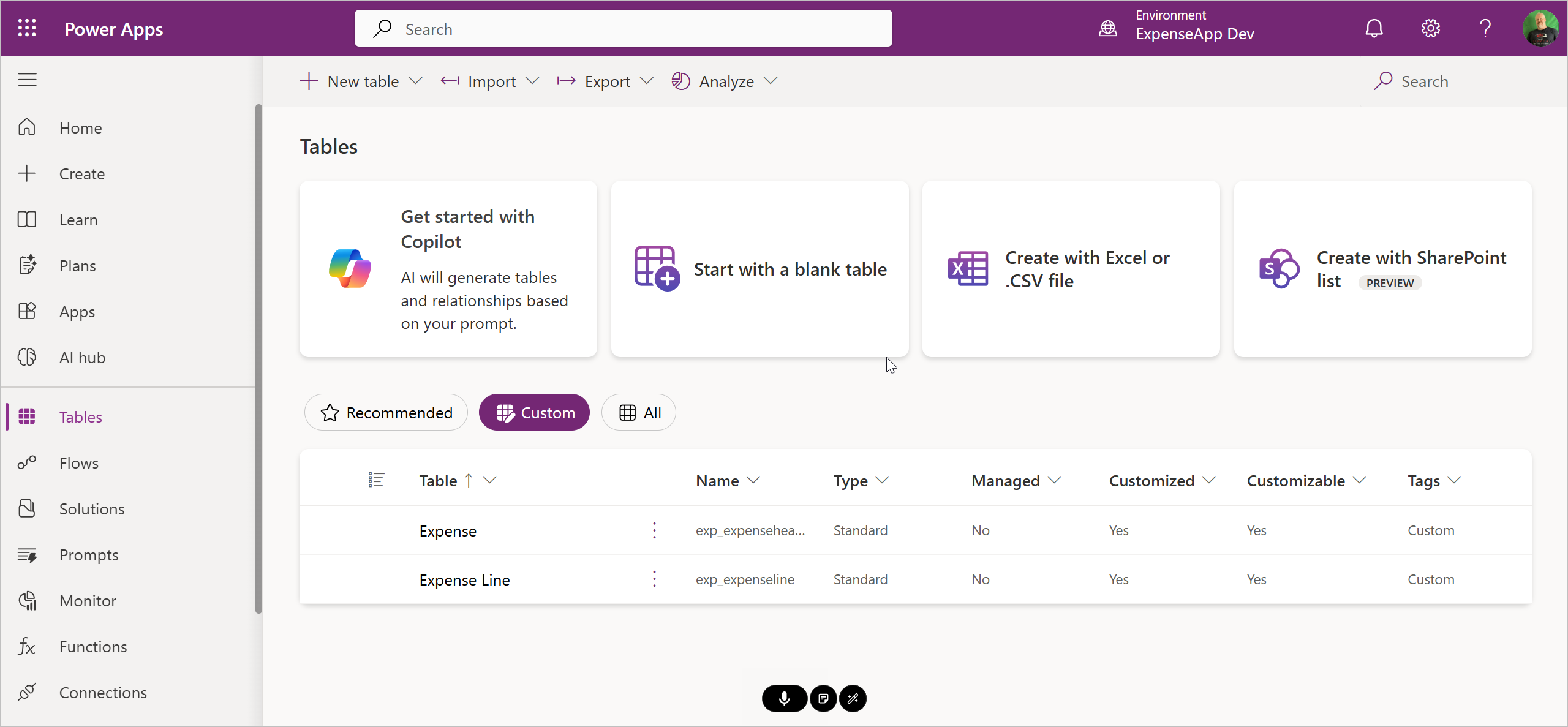 Expense tables in the Power Apps maker portal
