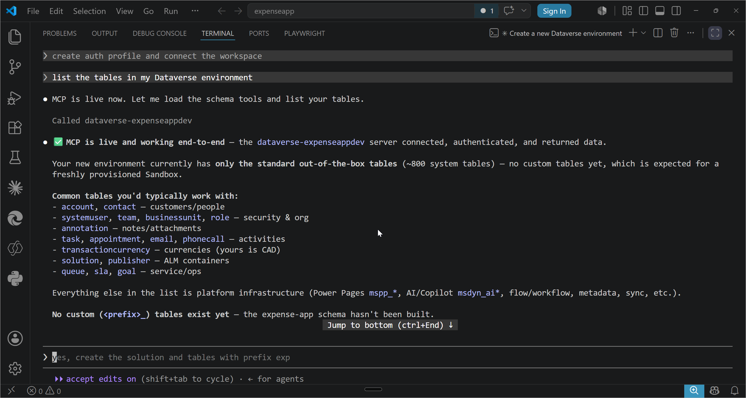 Listing the Dataverse tables through the MCP server