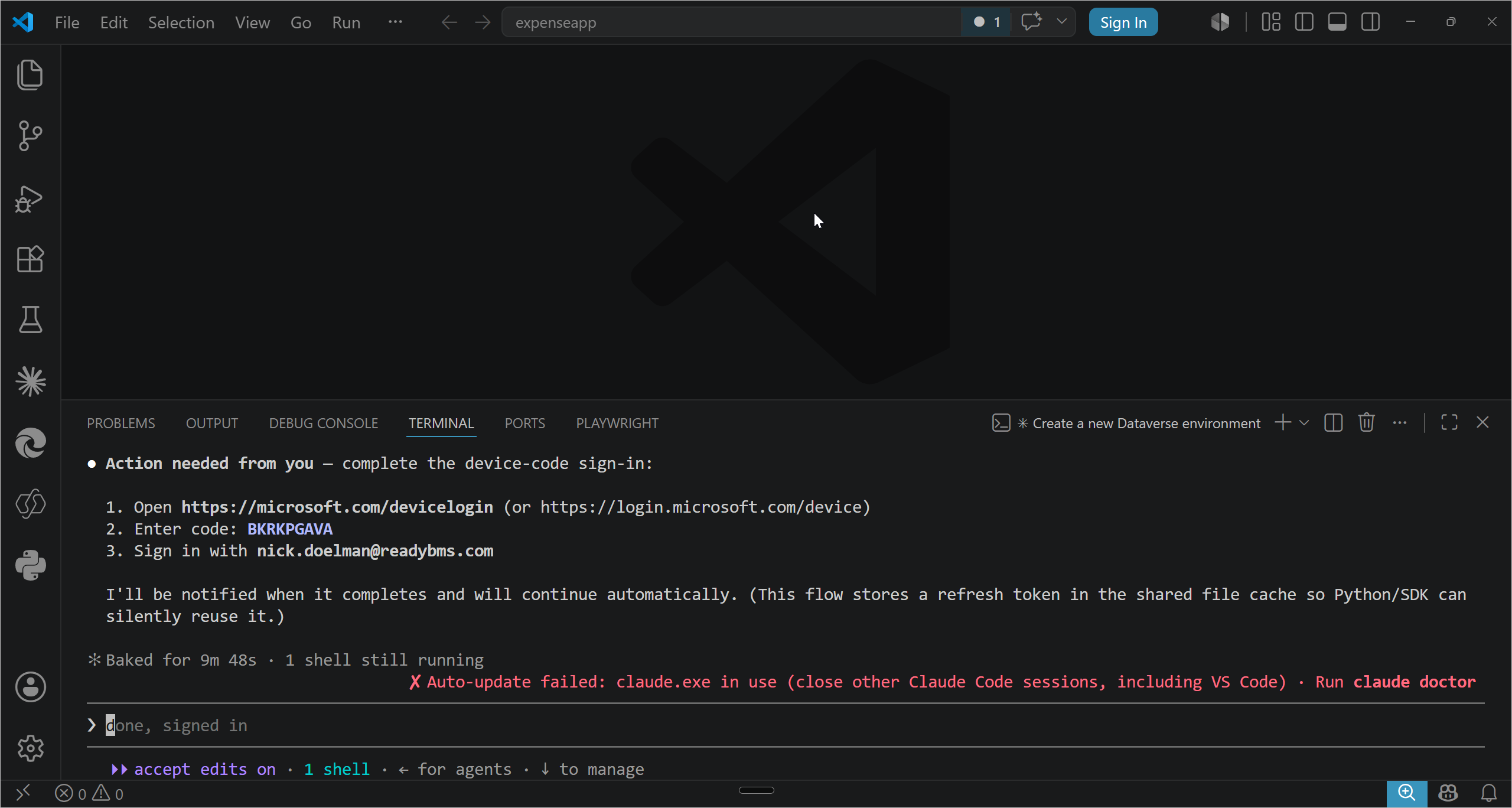 Device-code sign-in instructions in the terminal