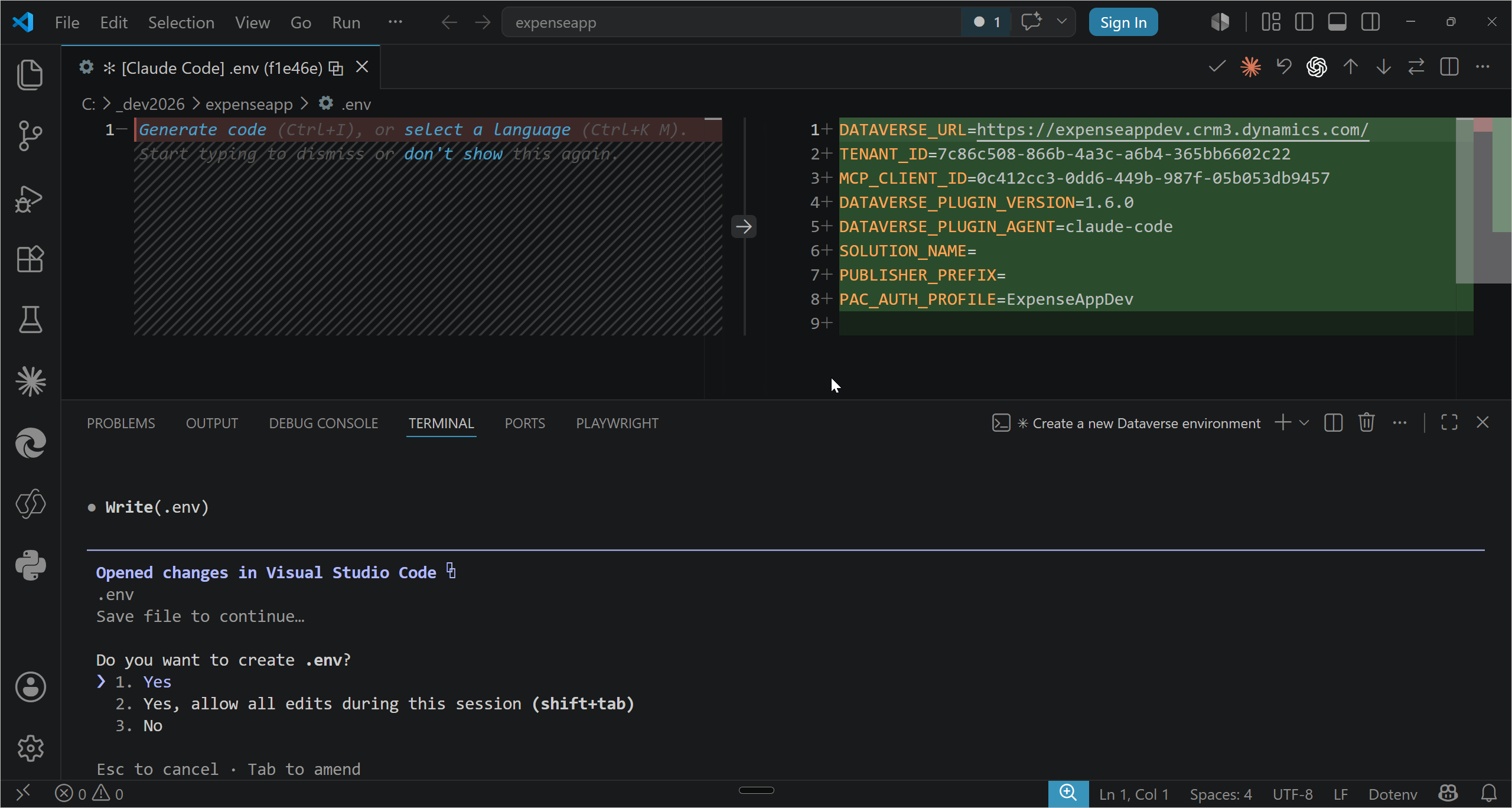 The .env file created in the project