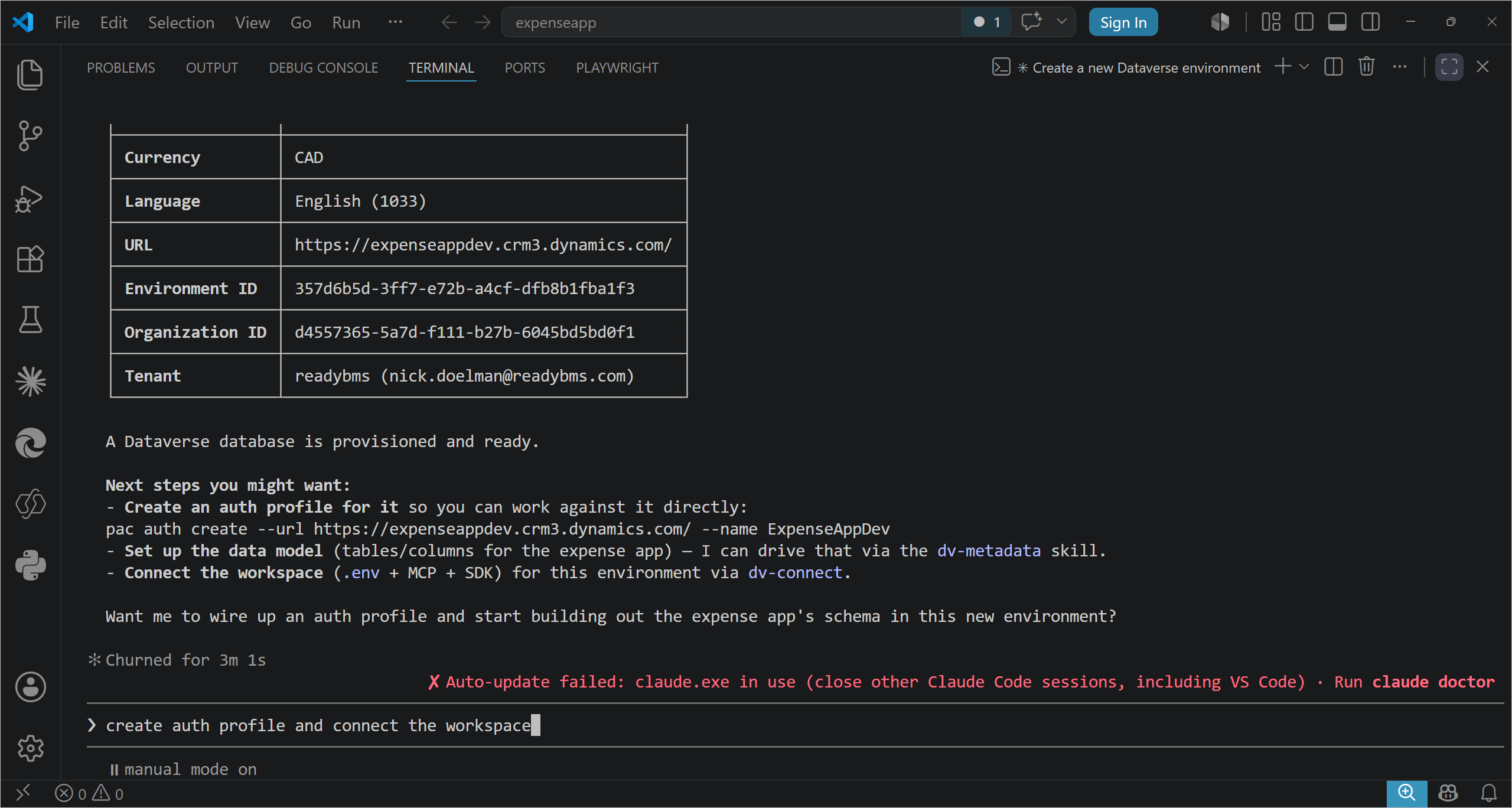 Prompting to create the auth profile and connect the workspace