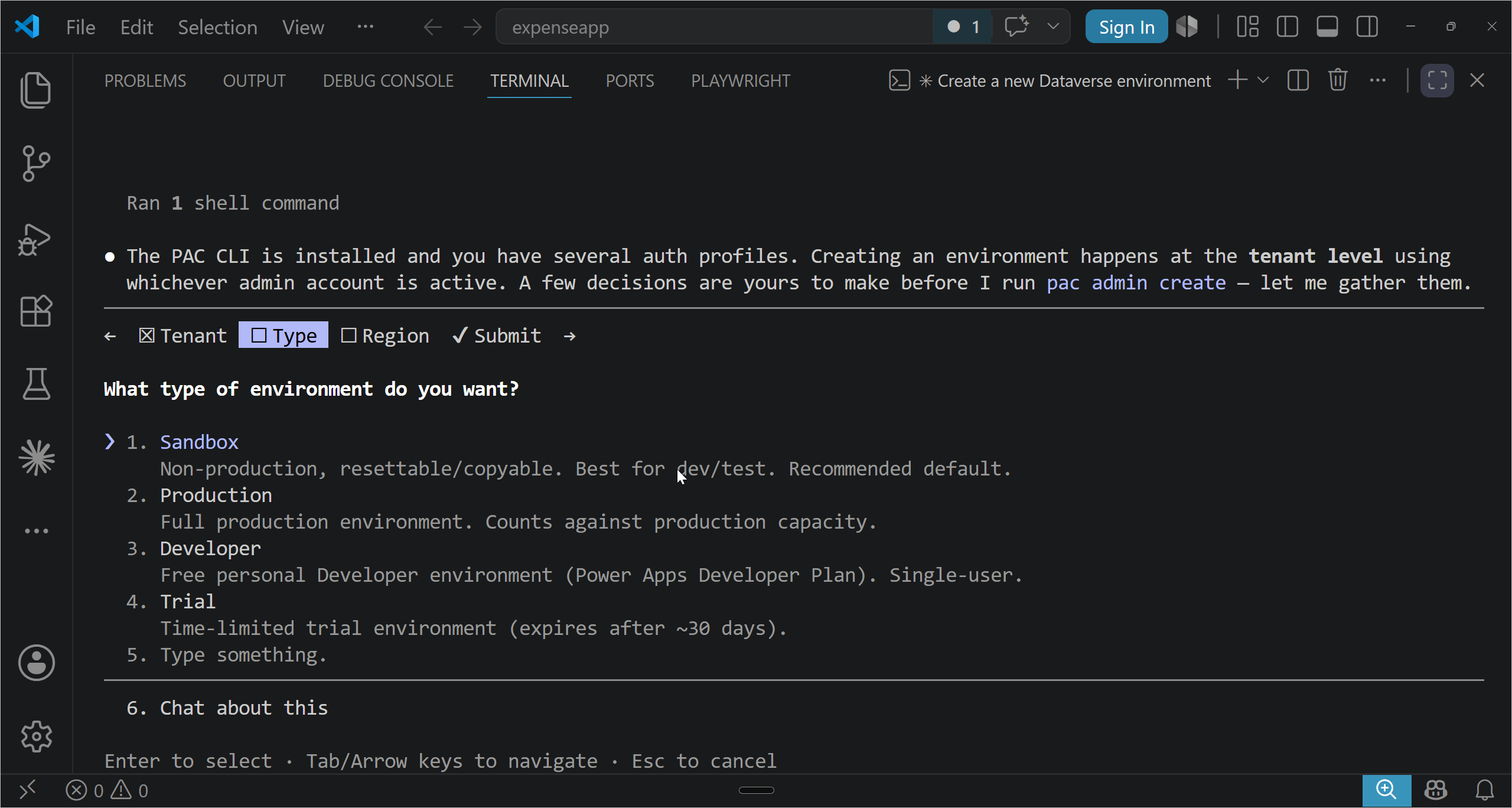 Choosing the environment type