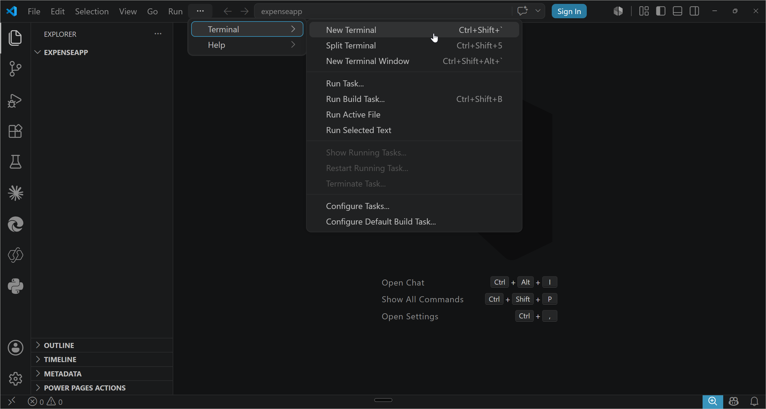 Opening a new terminal in VS Code