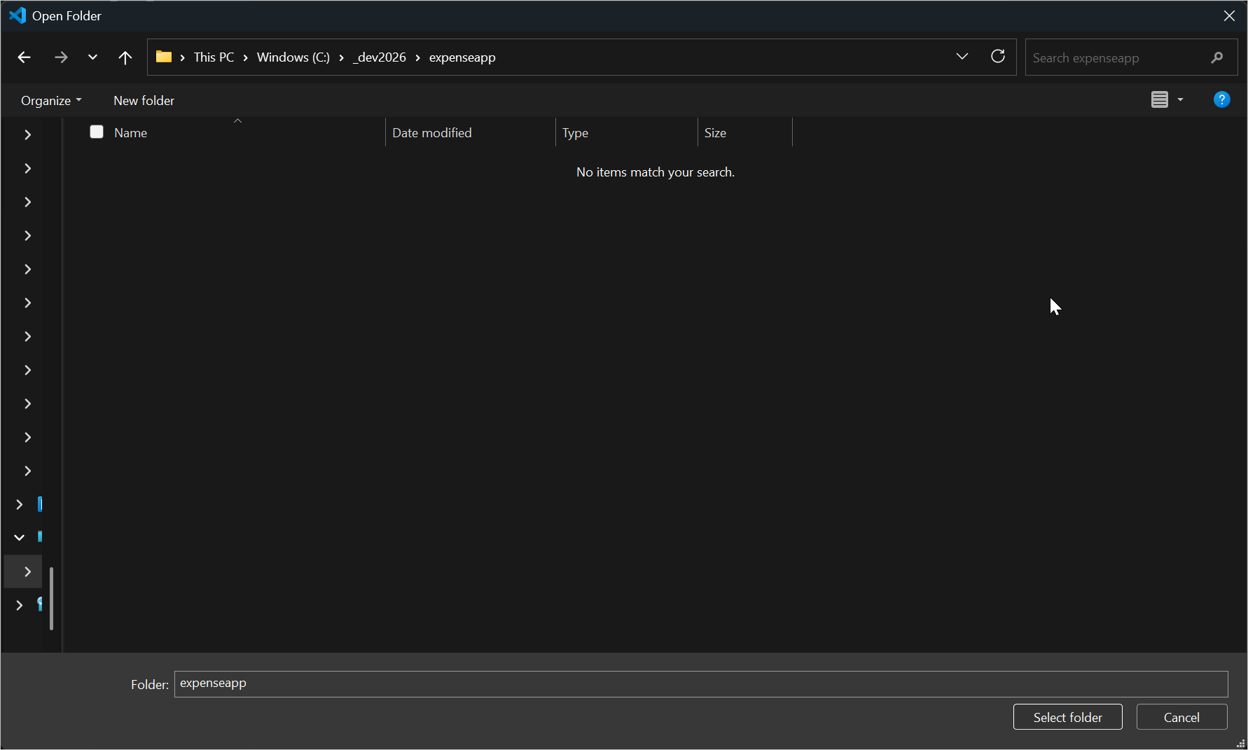 Open folder dialog for the expenseapp project