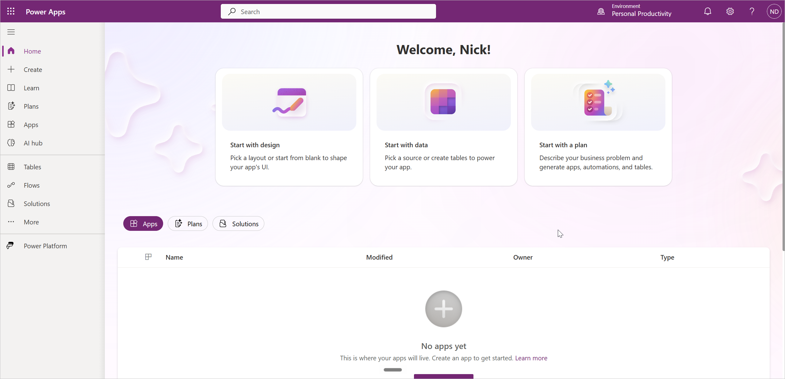 Power Apps maker portal welcome screen
