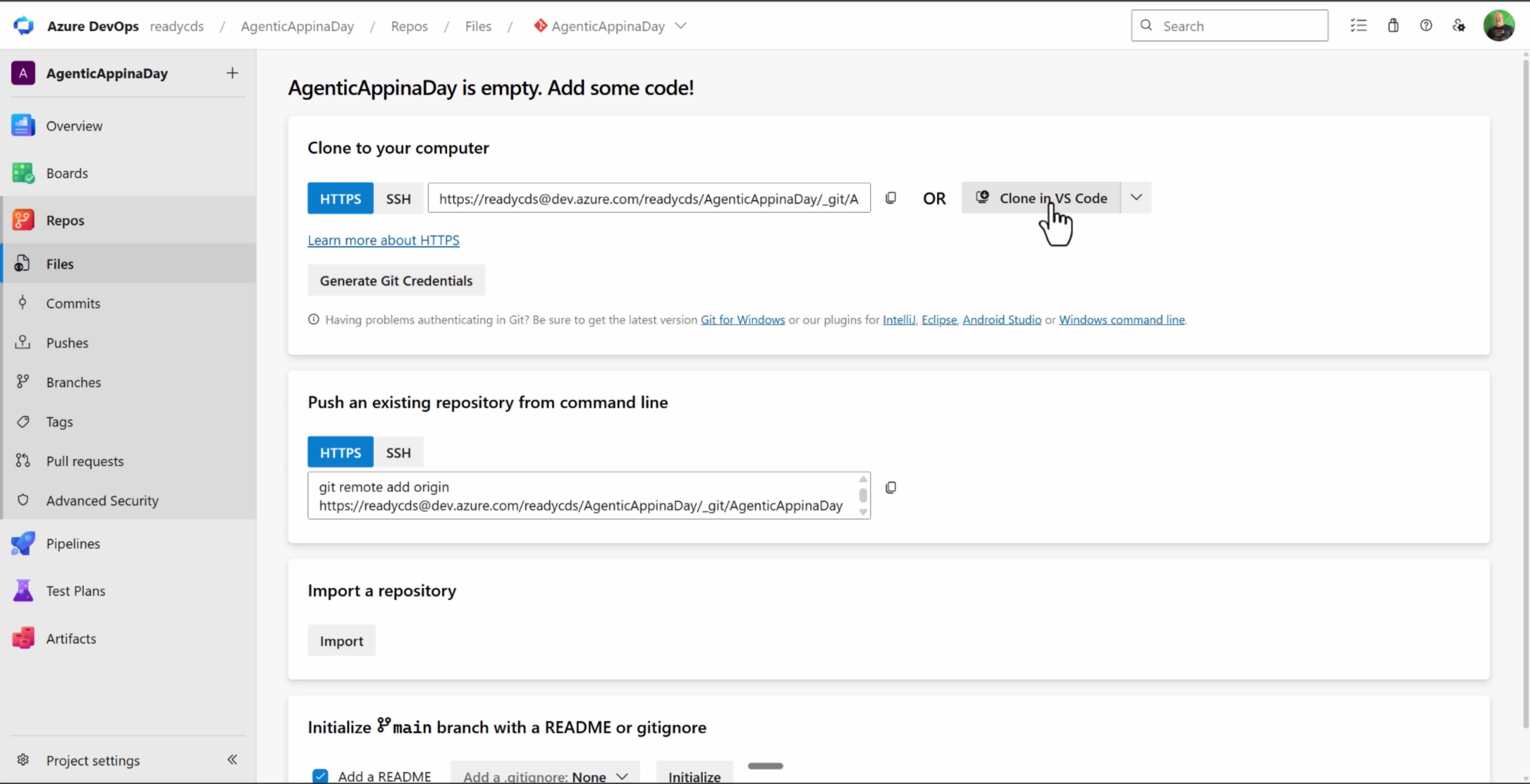 Azure DevOps project with empty repo and the Clone in Visual Studio Code button