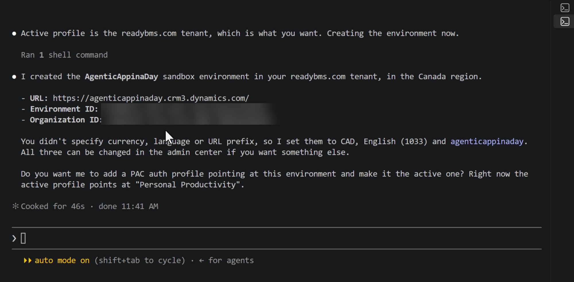 Claude Code terminal output confirming the new sandbox environment, URL and environment ID
