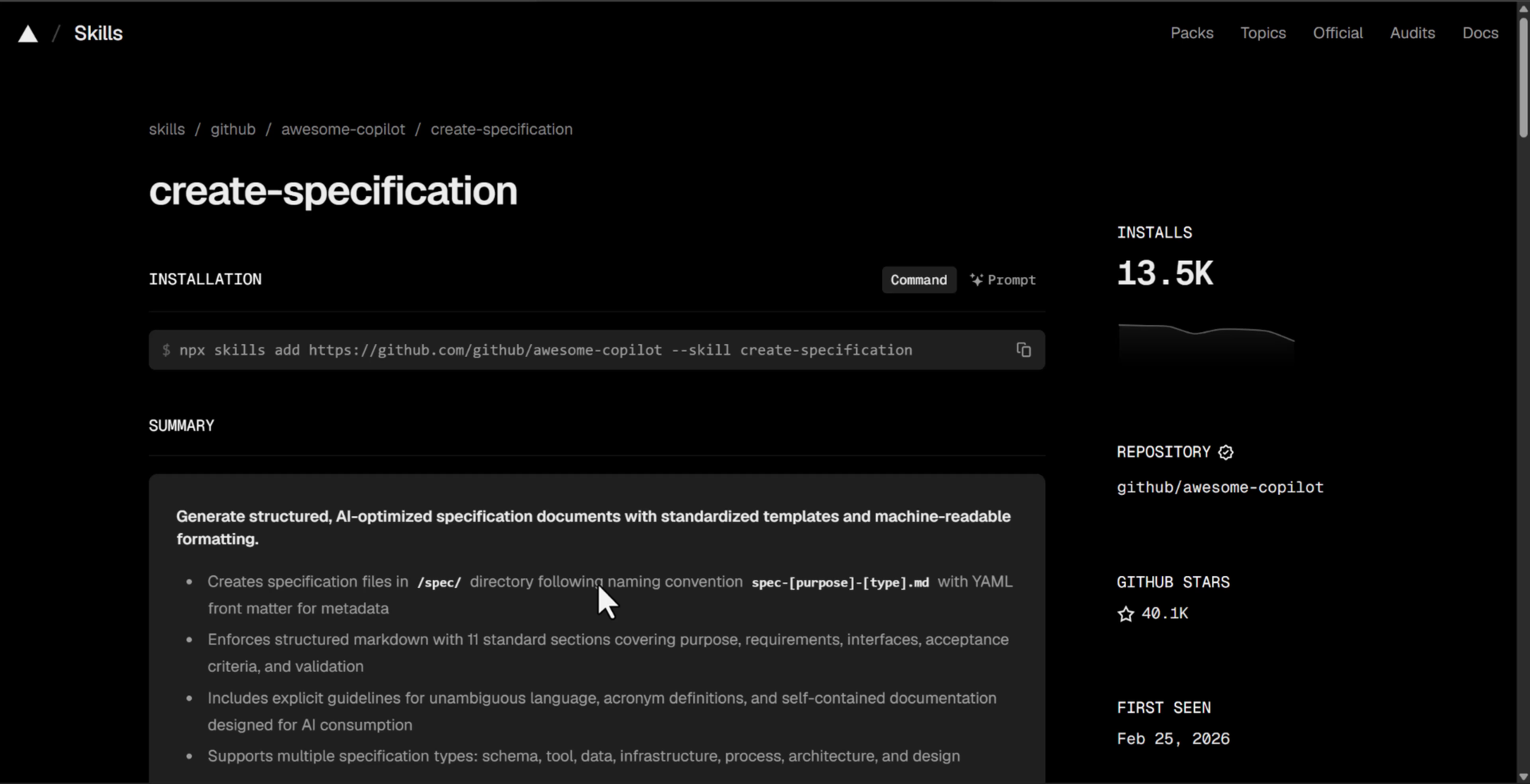 Skills.sh search results with create-specification selected