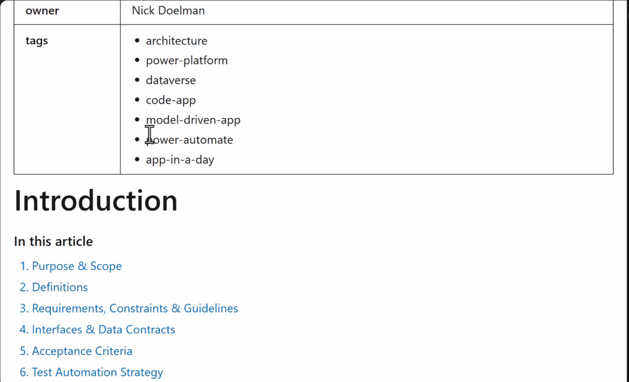 Spec rendered in Markdown preview, table of contents visible