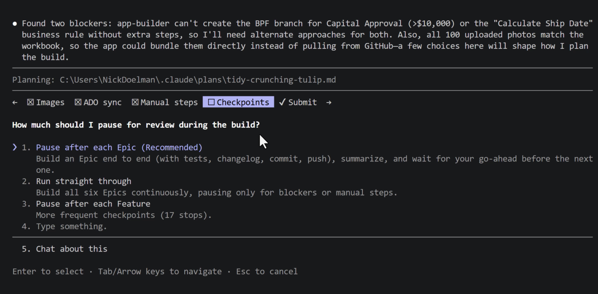 Plan mode questions in the Claude Code terminal