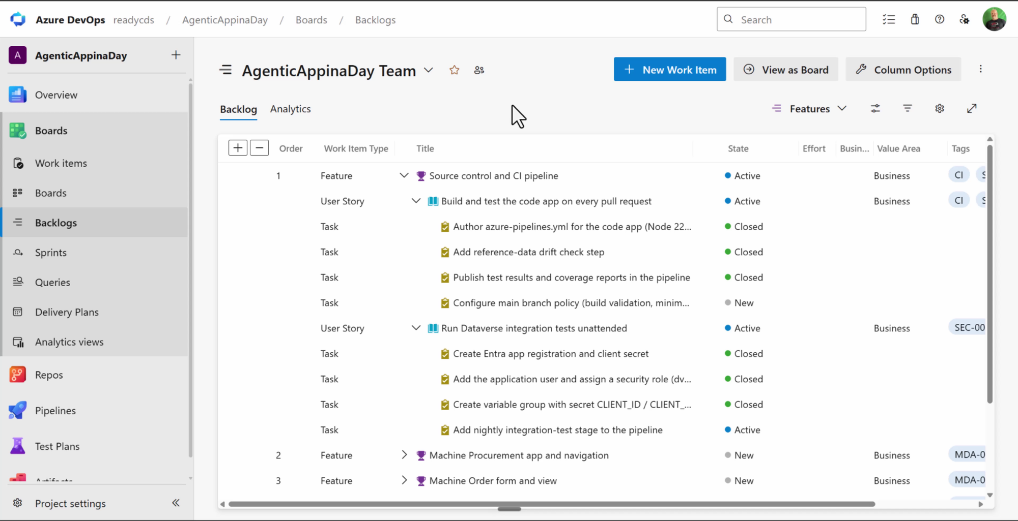 Azure DevOps board mid-build with active and closed items