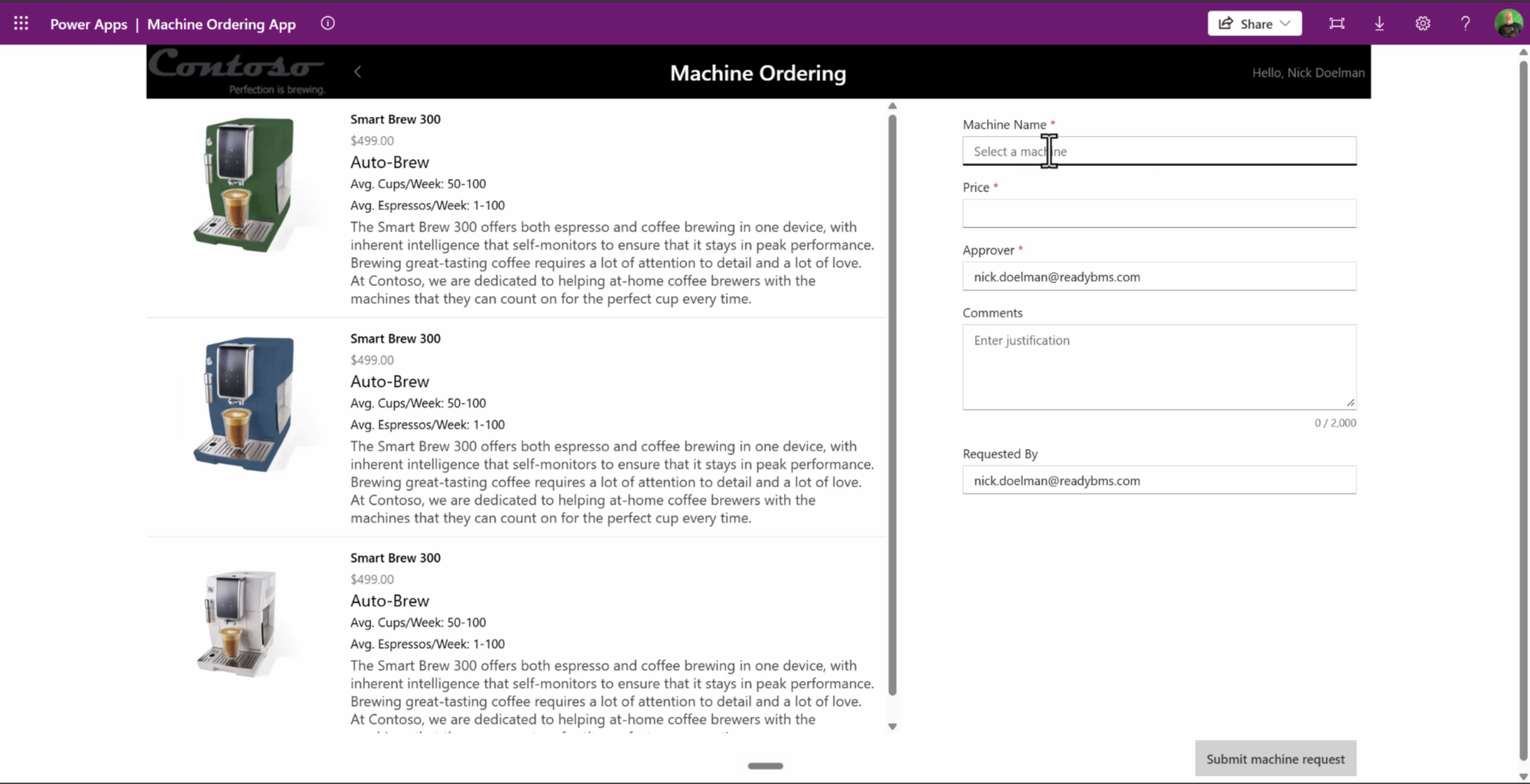 Code app compare screen with two machines selected