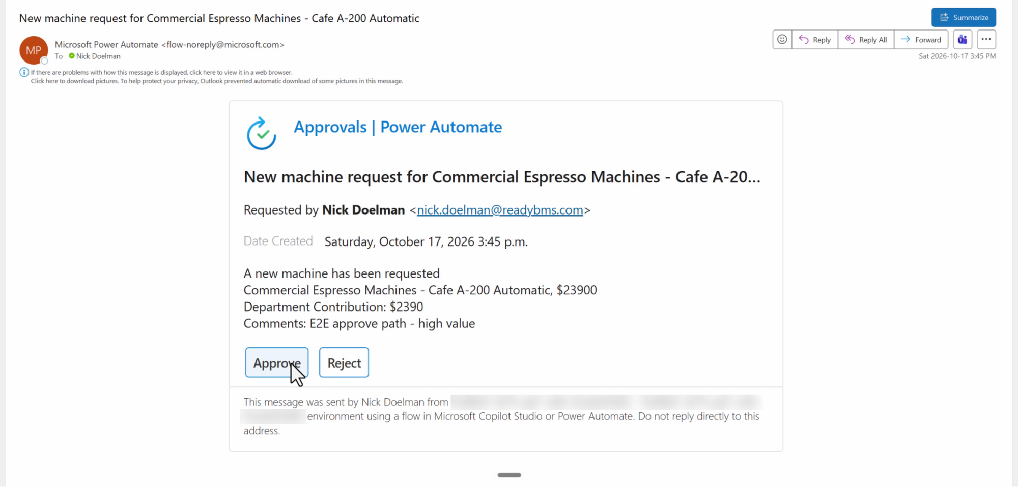 Approval email in Outlook
