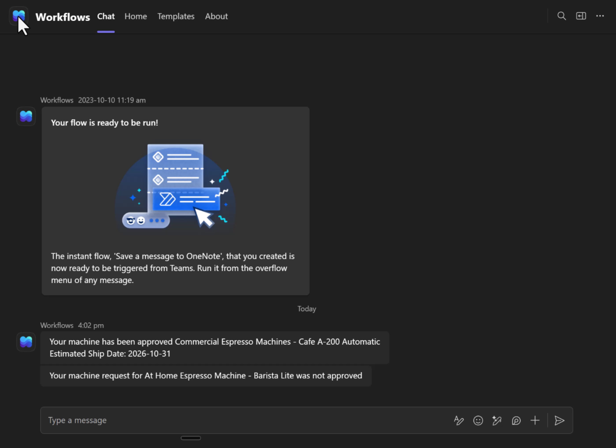 Teams channel posts for the approved and rejected orders